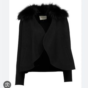 Halston Open Front Fox Fur Collar Wool Jacket S Black